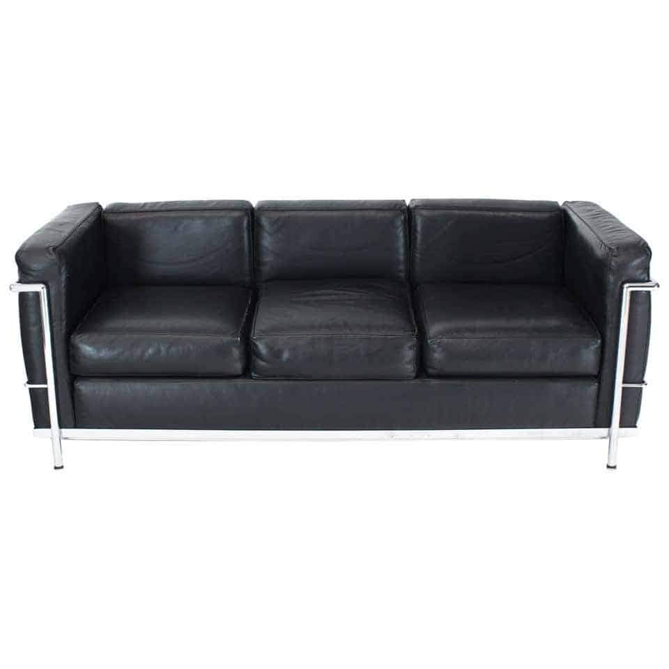 Couch - Alivar Le Corbusier Black Leather Three-Seat Sofa