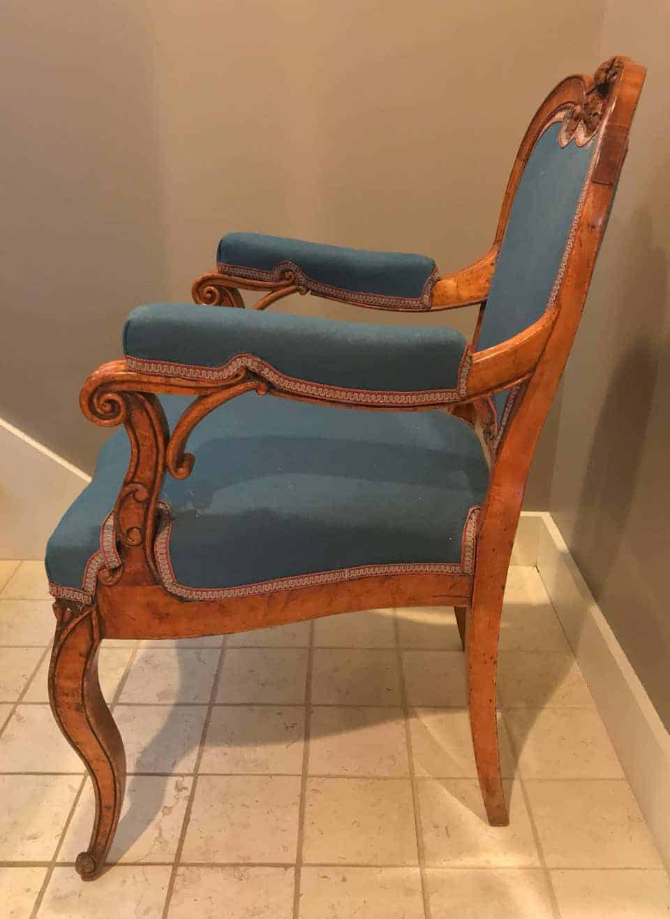 French 19th century Louis XV arm chair with blue upholstery.