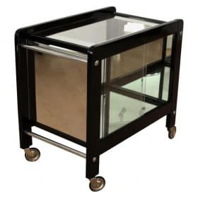 (repeat) Art Deco Serving Table, Black Lacquer, Chrome, Glass, Mirror, France, circa 1930