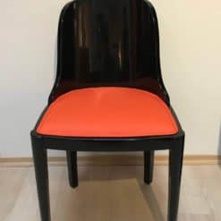 Art Deco Dining Chairs- front view of one chair, ebonized wood, orange fabric- Styylish