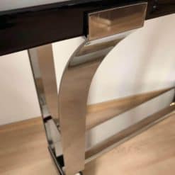 Art Deco Style Console Table, Curved Stainless Stell and Black Lacquer