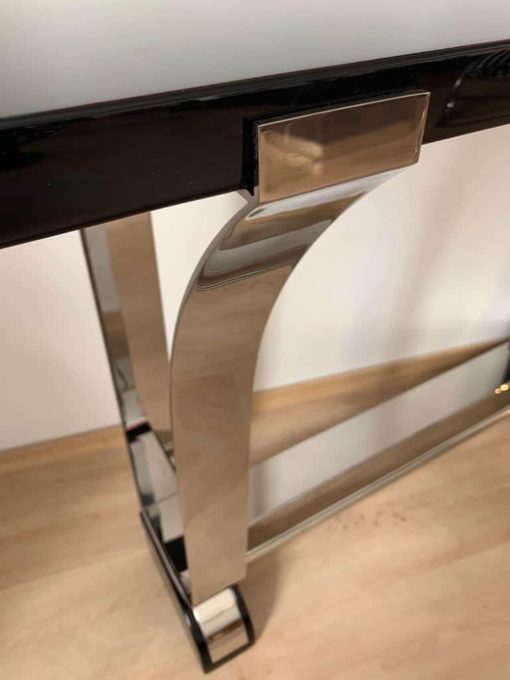 Art Deco Style Console Table, Curved Stainless Stell and Black Lacquer