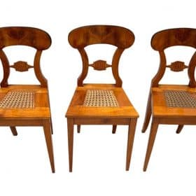 Six Biedermeier Board Chairs, Cherry Veneer and Mesh, Vienna, circa 1830