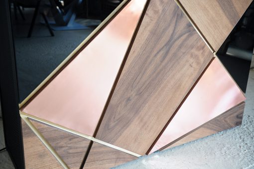 Modern bar cabinet- detail of the front with different wood and epoxy materials- styylish