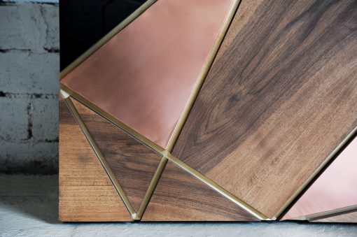 Modern bar cabinet- detail of the front with different wood and copper- styylish