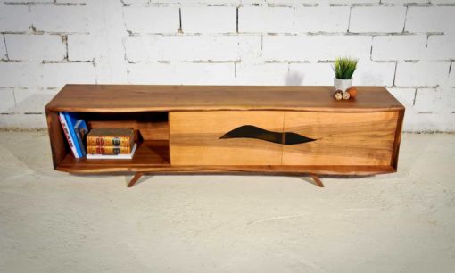 Modern sideboard- walnut- front view with doors open and books- styylish