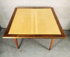 Biedermeier card table- front view with unfolded top with yellow velvet- styylish