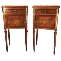 Antique nightstands- pair of nightstands with burl wood veneer and marble top- styylish