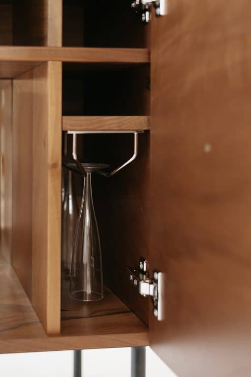 Custom made bar cabinet- detail of the interior with glasses- styylish