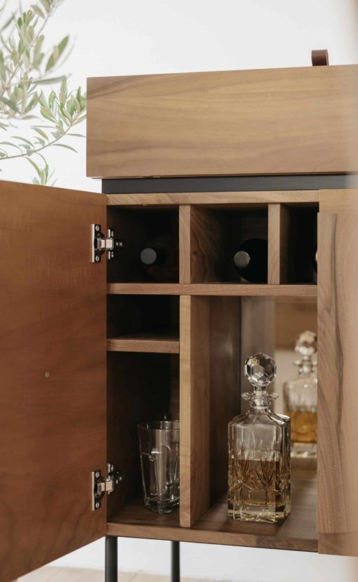 Custom made bar cabinet- view of the front with open doors- detail of the left sidestyylish