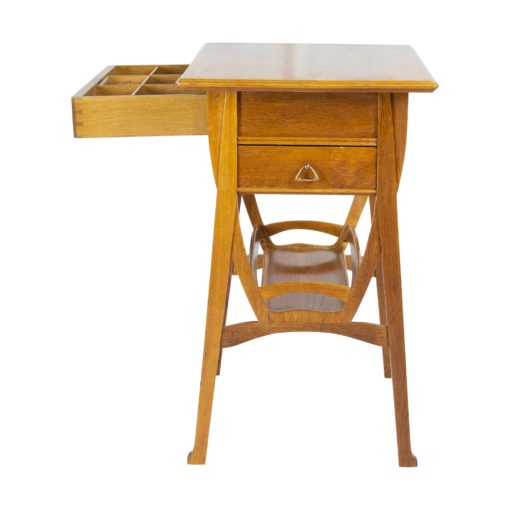 Art Nouveau Oakwood Sewing Table- side view with open drawer right- Styylish
