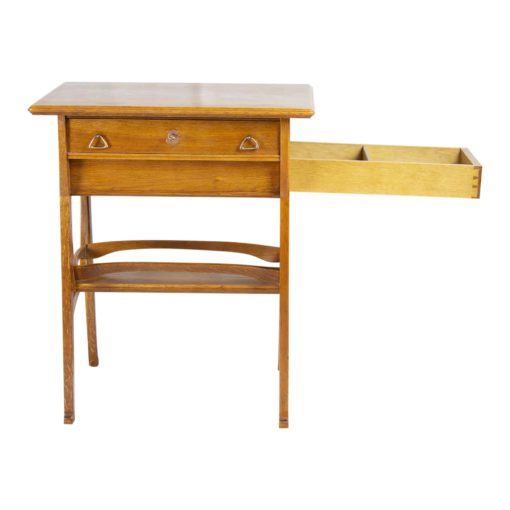 Art Nouveau Oakwood Sewing Table- front view with open drawer- Styylish