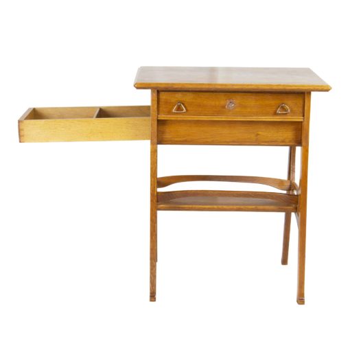 Art Nouveau Oakwood Sewing Table- front view with open drawer left- Styylish