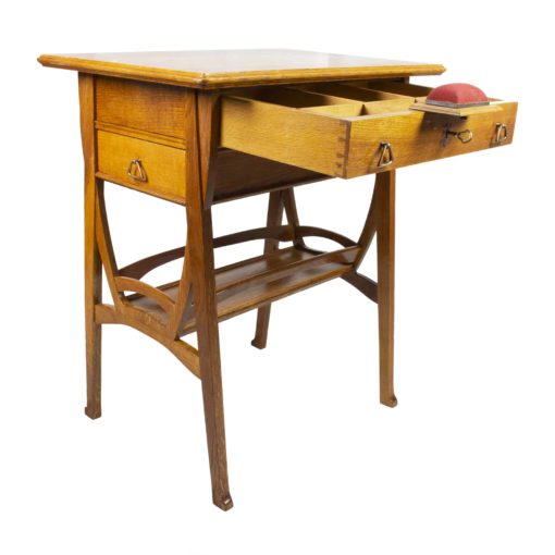 Art Nouveau Oakwood Sewing Table- three-quarter view of the open drawer and needle cushion- Styylish