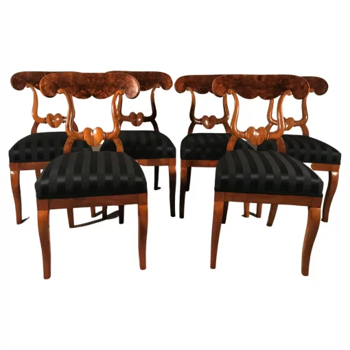 Set of six Biedermeier Chairs- walnut veneer with black fabric- Styylish