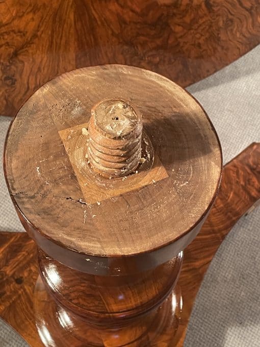 Antique Biedermeier Walnut Table- detail view of the thread attaching the base to the top- Styylish