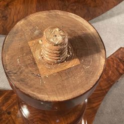 Antique Biedermeier Walnut Table- detail view of the thread attaching the base to the top- Styylish