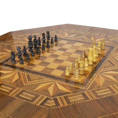 19th Century Biedermeier Marquetry Chess Table- top view with chess figurines- Styylish