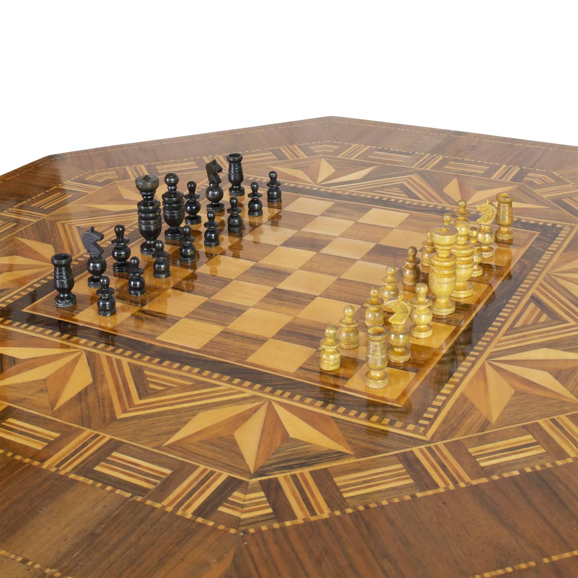 Vintage wooden chess set with queen gambit opening, close-up view