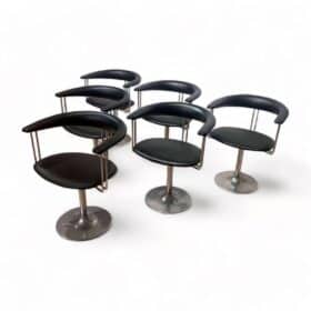 Set of Six Vintage Swivel Armchairs, Metal, Black Leather, Netherlands, 1970s