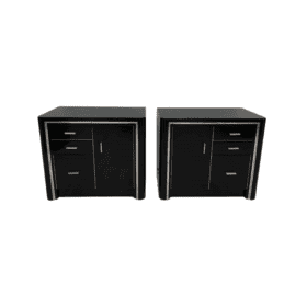 Two Art Deco Nightstands, Black lacquer and Metal, France circa 1940