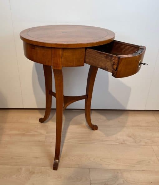 Round Biedermeier Side Table - Side View with Drawer Open - Styylish