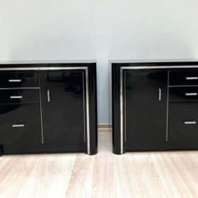 Two Art Deco Nightstands, Black lacquer and Metal, France circa 1940