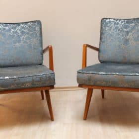 Pair of Mid Century Armchairs, Cherrywood, Blue/Silver Fabric, Germany, 1950s