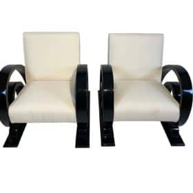 Pair of Two Club Chairs, Art Deco, Black Lacquer, Cream-White Fabric, France circa 1930