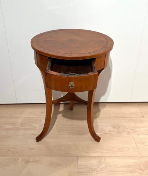 Round Biedermeier Side Table - Full Profile with Drawer Open - Styylish