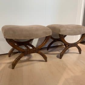 Set of Two Antique Stools, Hand-Carved Walnut, Alcantara Leather, France circa 1860