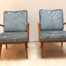Pair of Mid Century Armchairs, Cherrywood, Blue/Silver Fabric, Germany, 1950s