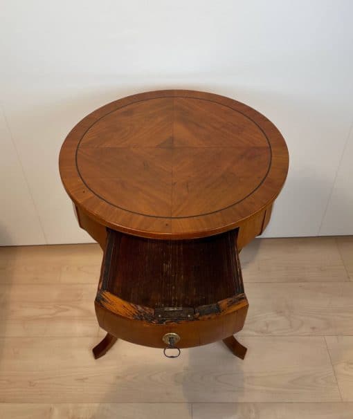 Round Biedermeier Side Table - Drawer Open - Styylish