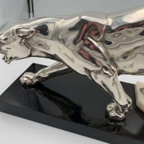 Walking Panther Sculpture, Silver-plate, Marble, France circa 1930