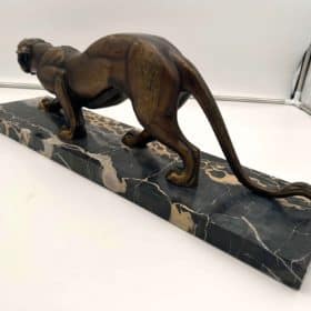 Art Deco Panther Sculpture, Bronze Cast, Marble, France circa 1930