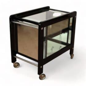 Art Deco Style Serving Table, Black Lacquer, Chrome, Glass, France, circa 1930