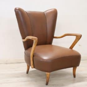 Italian Mid-Century Armchair in Brown Faux Leather
