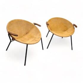 Pair of Balloon Lounge Chairs by Hans Olsen, Yellow Suede, Denmark circa 1960