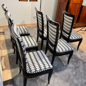 Set of Six Art Deco High Back Dining Chairs, Black Lacquer, France circa 1930