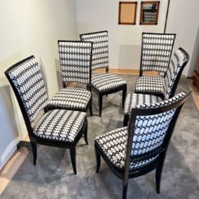 Set of Six Art Deco High Back Dining Chairs, Black Lacquer, France circa 1930