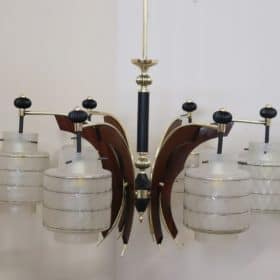 Italian Design Glass Shades, Black Lacquered Metal and Brass Chandelier, 1950s