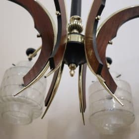 Italian Design Glass Shades, Black Lacquered Metal and Brass Chandelier, 1950s