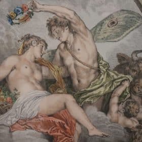Antique Watercolor Engraving by Louis Desplaces from a Painting by Watteau