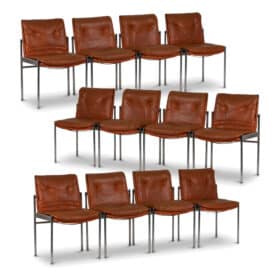 Set of Twelve Chairs in Leather and Chromed Metal, 1970s