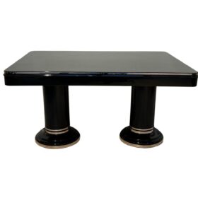 Art Deco Expandable Table, Black Lacquer, Stainless Steel Trims, France circa 1930