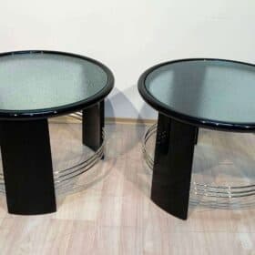 Pair of Art Deco End Tables, Glass, Black Lacquer, Nickel, France, 1930s