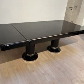 Art Deco Expandable Table, Black Lacquer, Stainless Steel Trims, France circa 1930