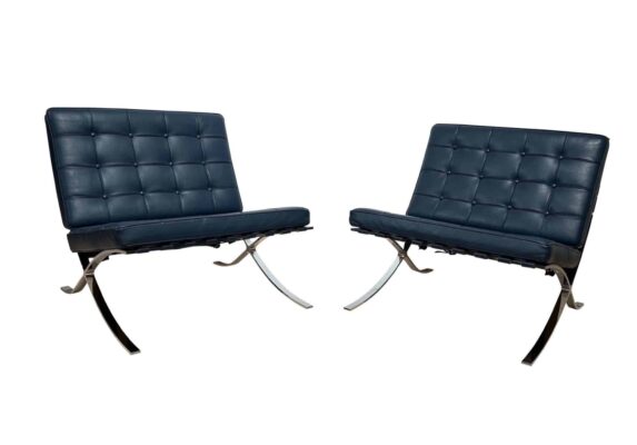 Pair of Barcelona Lounge Chairs by Mies van der Rohe in Blue Leather