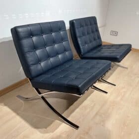 Pair of Barcelona Lounge Chairs by Mies van der Rohe in Blue Leather