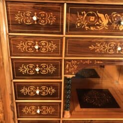 French antique secretary desk- detail view of the inside marquetry- Styylish